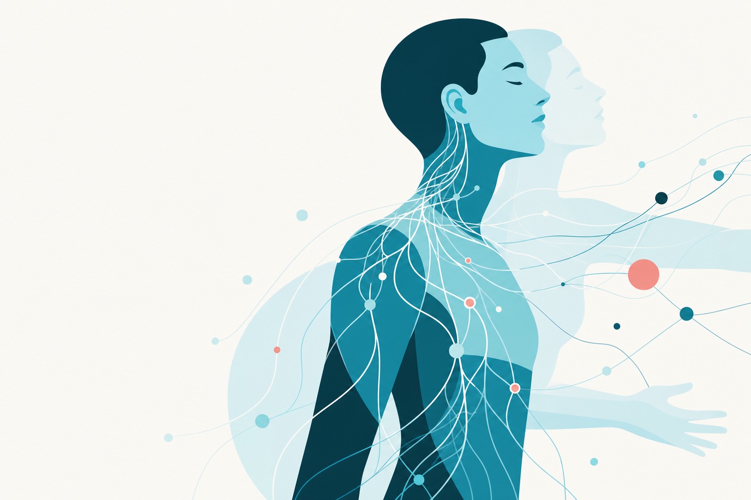 A calm figure moving forward as neural pathways flow through the body